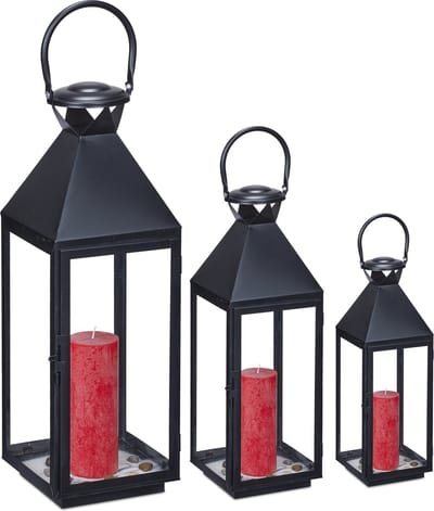 lantaarn windlicht - set van 3 - binnen - buiten - 3 groottes - glas - metaal - zwart