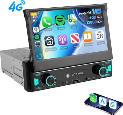 ESSGOO 1Din Autoradio - Android 15 - Apple Carplay & Android Auto (Draadloos) - 6+128GB - 7 Inch IPS HD Handmatig Klapscherm - Navigatiesysteem - Bluetooth, Aux, USB, Type-C, MP5 - GPS - WIFI
