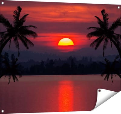 Gards Tuinposter Zonsondergang op het Strand met Palmbomen - 100x80 cm - Tuindoek - Tuindecoratie - Wanddecoratie buiten - Tuinschilderij