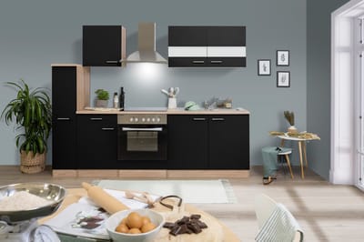 Goedkope keuken 240  cm - complete keuken met apparatuur Merle  - Eiken/Zwart - soft close - elektrische kookplaat    - afzuigkap - oven    - spoelbak