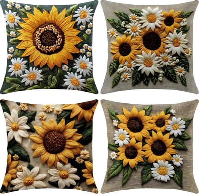 Ryoudavell - Set of 4 Linen kussenhoezen 18"x18" - Soft Flax Sunflowers Decorative Pillow Cases 45 x 45 - Double-Sided Modern Pillow Covers for Bed - Sofa/Couch/Living Room - Bedroom