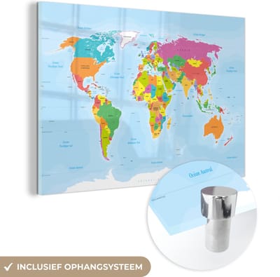 ® Glasschilderij 150x100 cm - Schilderij acrylglas - Franse Wereldkaart - Kleuren - Simpel - Foto op glas - Muurdecoratie woonkamer - Wanddecoratie slaapkamer - Schilderijen