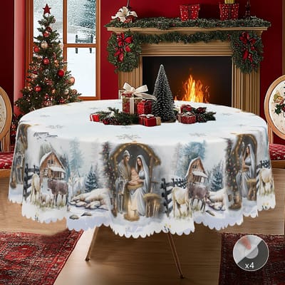 Kerst Vintage Boerderij Tafelkleed met Kerstman, rendieren & Kerstboom prints. Rechthoekige & ronde maten voor Kerst/Nieuwjaarsfeesten, keuken, binnen & Round (152)Cm