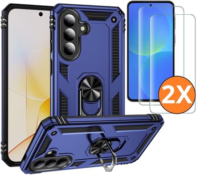 Hoesje Geschikt voor Samsung Galaxy A37 5G Hoesje Blauw - Anti-Shock Hybrid Armor hoesje Met Draaibare Ring Houder - Samsung A37 Screenprotector 2 pack