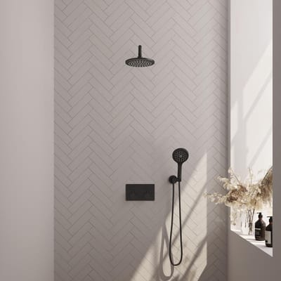 Brauer Black Edition Thermostatische Regendoucheset Inbouw - Hoofddouche 20 cm - Gebogen Wandarm - Met Drukknoppen - Handdouche 3 Standen - Doucheslang - Wandaansluitbocht - Mat Zwart