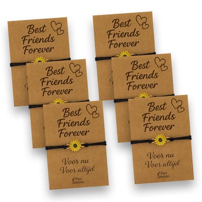 Vriendschapsarmbandjes voor 6 "Best Friends Forever" - Zonnebloem - BFF Armbandjes met Persoonlijk Cadeau Kaartje - Zwart met Bloem Hanger - Op Zes Kaartjes- Pax Amare