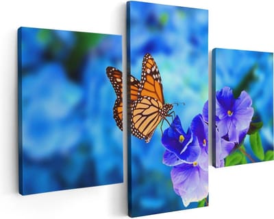 Artaza Canvas Schilderij Drieluik Oranje Vlinder Bij Paarse Bloemen - 90x60 - Foto Op Canvas - Canvas Print