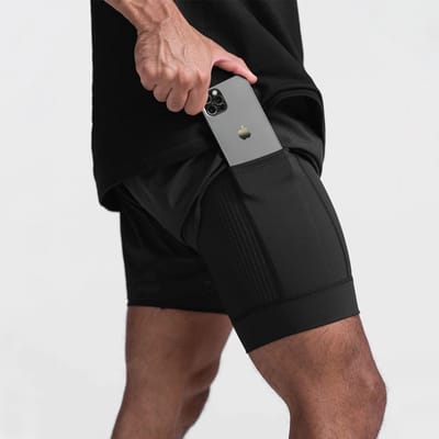 Gym Revolution - Sportbroek voor Heren - Gym broek met mobiel zak - 2 in 1 Shorts - Hardloopbroek - Fitnessbroek - Rits - Aansluitend - Zwart Maat XL