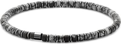 Frank 1967 7FB-0600 Kralen Armband - Heren - Beads - 4 x 2 mm - Snow Flake Obsidian (Vulkaanglas) - Staal - Rekbaar - 19 cm - Antraciet