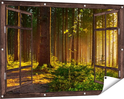 Gards Tuinposter Doorkijk Bos met Zon tussen de Bomen - 120x80 cm - Tuindoek - Tuindecoratie - Wanddecoratie buiten - Tuinschilderij