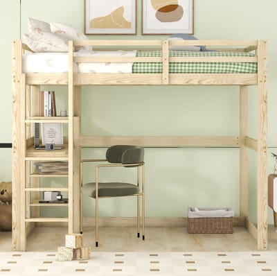 MEUNIQ Hoogslaper 140 x 200 cm met bureau en 4 opbergvakken, kinderbed van grenen en MDF, naturel, bedframe voor kinderkamer met lattenbodem