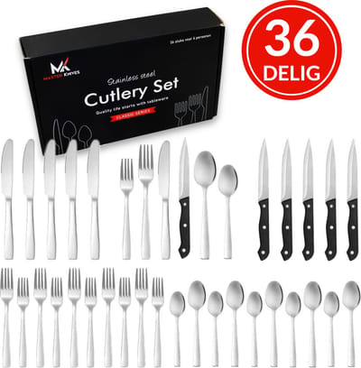 Master knives 6 Persoons Bestekset (36-delig) - Lepels, Messen, Vorken & Steakmessen - Vaatwasserbestendig - Zilver / RVS bestekset 6 persoons