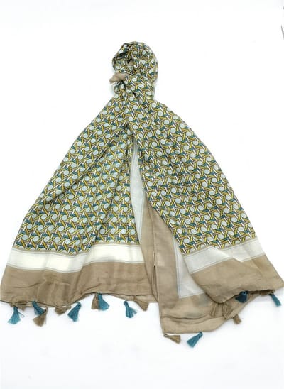 Lange dames sjaal Aretha fantasiemotief taupe petrol blauw wit geel grijs