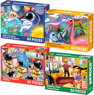 Kinderpuzzel 4x60 Stukjes - Legpuzzel Met Frame - Ontspannen Spelen - Vier Educatieve Thema's - 35 x 24 cm - Brandweerlieden