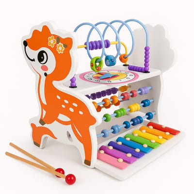 Bextunio Houten Hert 5-in-1 Activity Center – Xylofoon, Kralenbaan, Klok, Telraam & Vormen – Educatief & Cadeauklaar