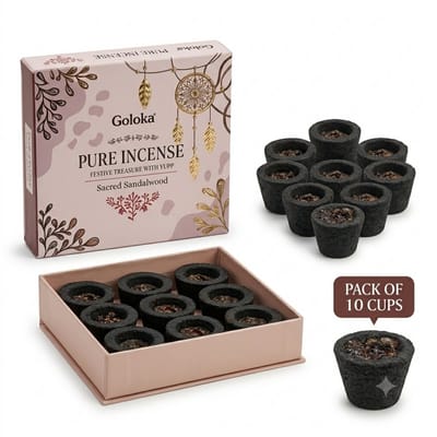 Goloka All-In-One Houtskool Cups x 10 – Houtskoolbekers voor Wierook, Kruiden & Hars – Ideaal voor Wicca, Puja Rituelen, Meditatie, Yoga & Spirituele Reiniging Met Kajal Sticker