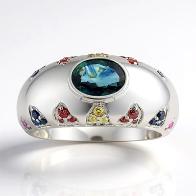 Cavill - Zilveren Ring Petrolkleurige Ovale Saffier 0,89 ct en Pavé Rond Saffier 1,29 ct - Platina Geplateerd - Verfijnde Elegantie en Vakmanschap