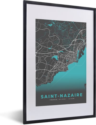 Fotolijst incl. Poster - Frankrijk – Saint-Nazaire – Stadskaart – Plattegrond – Kaart - 40x60 cm - Posterlijst