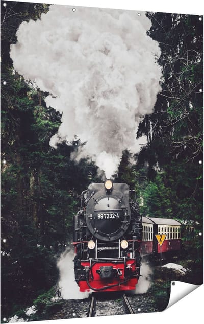 Gards Tuinposter Locomotief in de Bossen met Stoom Wolken - 120x160 cm - Tuindoek - Tuindecoratie - Wanddecoratie buiten - Tuinschilderij