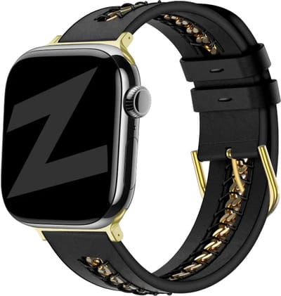 Bandz Leren 'Chains' bandje geschikt voor geschikt voor Apple Watch 1/2/3/4/5/6/7/8/9/10/11/SE/SE2/SE3 - Maat: 38/40/41/42mm - Zwart