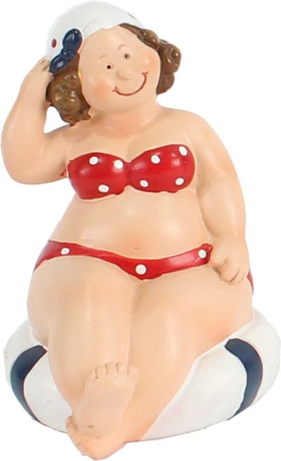 Home decoratie beeldje dikke dame - zittend - rood badpak - 10 cm
