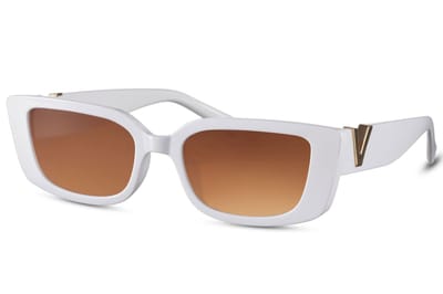 8003 Dames Zonnebril | Trendy Dames & Heren Eyewear | Heren bril | Rechthoekig Model - Wit Montuur - Transparant Bruine Lens - Bril - Met V - Goud | Sunglasses | Festival Bril | Rave Bril |Trendy Party & Outdoor Bril | UV400 + brillen sleeve & doek