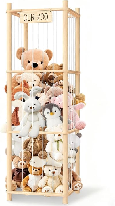 Pluche Opbergrek - Dieren Display - Speelgoed Organiseren - Dierentuin Kooi Design - 42.5cm Hoog - Natuurhout