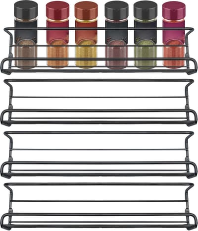 Intirilife Kruidenrek Set zonder boren, 4 hangende rekken van Zwart Ijzer - 29.2 x 6.2 x 6.8 cm - Wandmontage met zelfklevende haken of schroeven, Kruidenhouder, Opslag, Keukenrek