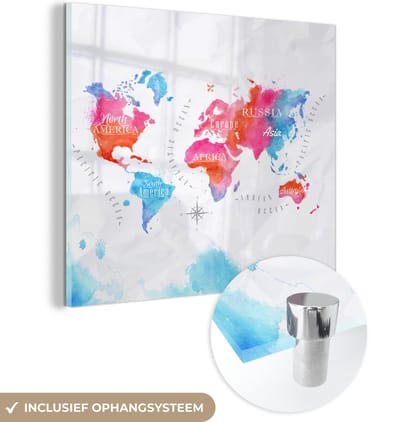® Glasschilderij 90x90 cm - Schilderij acrylglas - Wereldkaart - Kleuren - Waterverf - Foto op glas - Muurdecoratie woonkamer - Wanddecoratie slaapkamer - Schilderijen