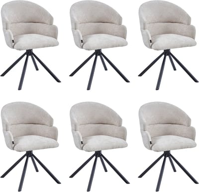 Colenis® - Elena Eetkamerstoel - Set van 6 - Beige - Chenille Stof - Gestoffeerde zitting - Metalen poten - 180° - Draaistoel