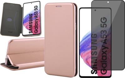Hoesje geschikt voor Samsung Galaxy A53 - Book Case Kunstlederen Wallet Cover Minimalistisch Pasjeshouder Hoes Roségoud - Tempered Glass Privacy Screenprotector