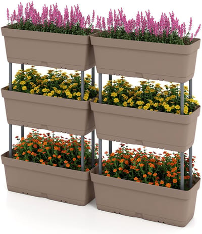 COSTWAY 6 stuks bloembakken, doe-het-zelf design, 49 cm lang, plantenbakken met drainagesysteem, verticaal verhoogd bloembed, plantenbak voor tuin, terras, balkon, kunststof bloempotten (grijs)