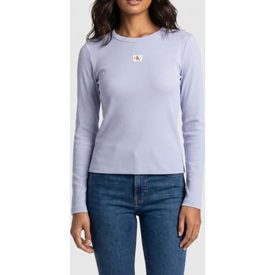 Calvin Klein Ls Woven Label 2x2 Top Casual Blue Taglia: XS | Maglie a manica lunga Outlet | Donna | Blu