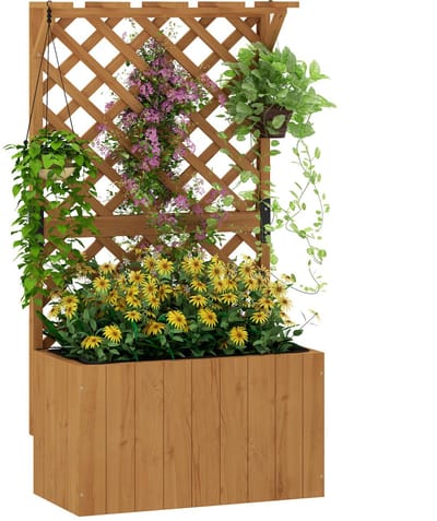 Plantenbak met klimrek - Weerbestendig - Bloembak - Met trellis - Buiten - Hout - Plantenrek - Vierkant - Natuurlijk hout