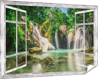 Gards Tuinposter Doorkijk Tropische Waterval - 180x120 cm - Tuindoek - Tuindecoratie - Wanddecoratie buiten - Tuinschilderij