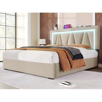 ModernLuxe Gestoffeerd opbergbed 140x200cm met LED en USB en Type-C oplaadpoort - Linnenstof - lattenbodem - Beige