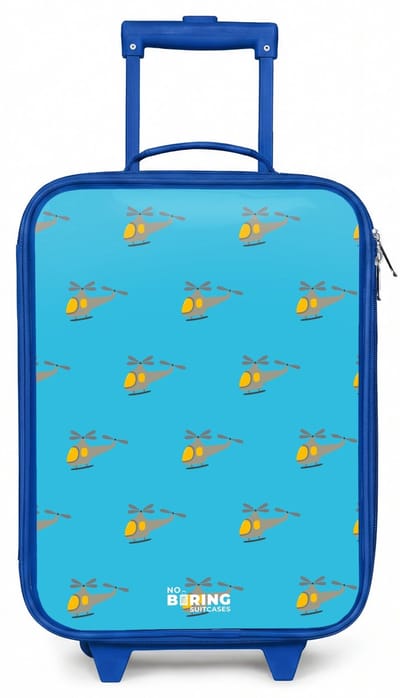 NoBoringSuitcases.com® - Kinderkoffer blauw - Kindertrolley jongen - Helikopter heibel - Koffer kind lichtgewicht - Reiskoffer trolley voor kinderen - Koffertje met lichtgevende wieltjes - Rolkoffer