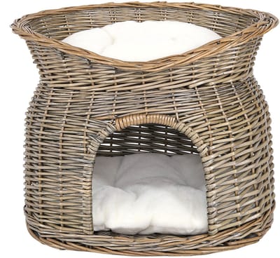 lionto kattenmand, natuurlijke rieten mand met hol & ligdak, grijs