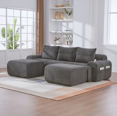 MIVRAY Hoekbank 268 x 174 x 80 cm - Modulair 3-Zits Met 2 Hockers, Bekerhouder En Opbergtas - Woonkamer - Cord Donkergrijs
