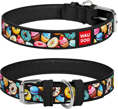 WAUDOG Donuts Halsband / Hondenhalsband - Echt Leder - Zwart - Full Colour Print - Breedte: 20 mm - Nekomtrek: 30 - 39 cm (GELIEVE ALVORENS BESTELLEN OPMETEN)
