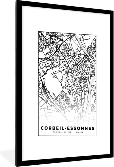 Fotolijst incl. Poster Zwart Wit- Kaart - Corbeil-Essonnes - Stadskaart - Frankrijk - Plattegrond - Zwart wit - 60x90 cm - Posterlijst
