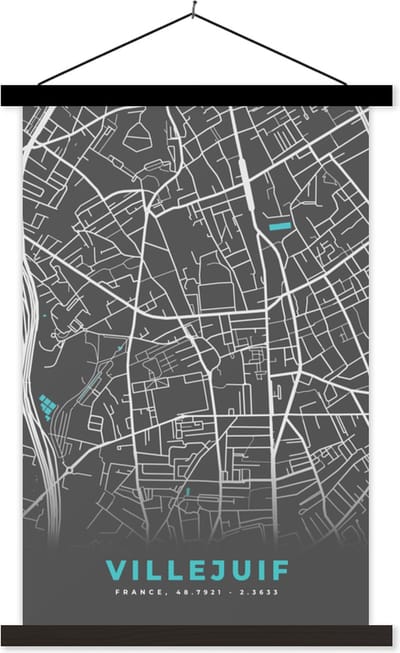 Posterhanger incl. Poster 40x60 cm - Schoolplaat - Frankrijk – Plattegrond – Kaart – Villejuif – Stadskaart - Textielposter - Zwarte latten - Stadskaart