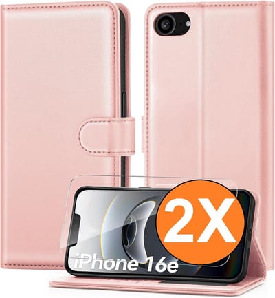 Hoesje Geschikt voor iPhone 16e / iPhone 17e hoesje bookcase Rose goud met screenprotectors 2 stuks
