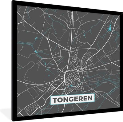 Fotolijst incl. Poster - België – Tongeren – Stadskaart – Kaart – Blauw – Plattegrond - 40x40 cm - Posterlijst