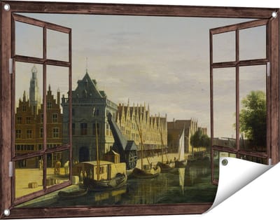 Gards Tuinposter Doorkijk De Waag en de Kraan aan het Spaarne te Haarlem - Gerrit Adriaensz Berckheyde - 90x60 cm - Tuindoek - Tuindecoratie - Wanddecoratie buiten - Tuinschilderij
