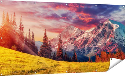 Gards Tuinposter Alpen Landschap met een Kleurrijke Hemel - 180x90 cm - Tuindoek - Tuindecoratie - Wanddecoratie buiten - Tuinschilderij