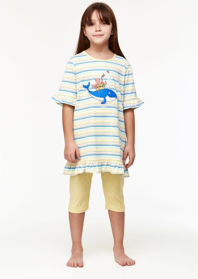 Woody pyjama meisjes/dames - multicolor gestreept - walvis - 231-1-TUN-S/904 - maat 128