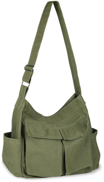 longziming -Canvas Crossbody Tas – Ruime Schoudertas met Meerdere Vakken en Verstelbare Riem – Uniseks Messengerbag voor Werk, Studie & Reizen – 40x34x15 cm – Groen