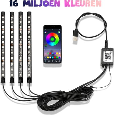 Almotivo Auto Interieur Verlichting RGB LED - LED Strip Auto met App Bediening - Sfeerverlichting Auto - 16 Miljoen Kleuren - USB Auto LED Verlichting - 4 LED Lichtbalken