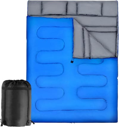 KOMFOTTEU tweepersoonsslaapzak met 2 kussens - 220x150cm campingslaapzak - slaapzak voor 2 personen - 0 - 15 °C - dekenslaapzak - 2 gebruikswijzen